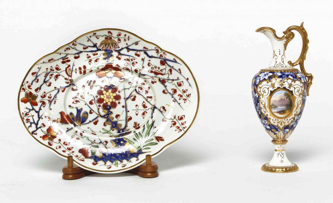 A Derby Porcelain Tray, Width of first 9 inches.: A Derby Porcelain Tray, of lobed form in the Imari pattern, together with an associated Coalport ewer. Width of first 9 inches. Property from the Collection of Kathy Riley, Chicago, Illinois