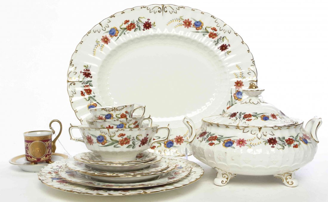 A Royal Crown Derby Porcelain Dinner Service, Diameter: A Royal Crown Derby Porcelain Dinner Service, in the Chatsworth pattern, comprising 15 dinner plates, 18 salad plates, 15 bread plates, a round covered vegetable, 2 graduated platters, 17 demitasse cu