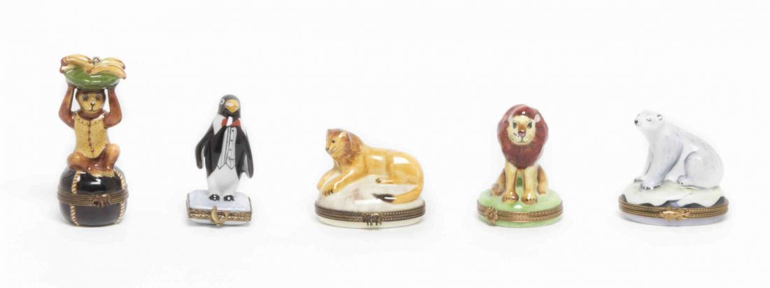 Five Limoges Porcelain Boxes, Height of tallest 3 1/4: Five Limoges Porcelain Boxes, comprising two lions, a monkey, a polar bear and a penguin, each marked. Height of tallest 3 1/4 inches. Property from the Estate of Louis M. and Linda M. Byron, Tucson,