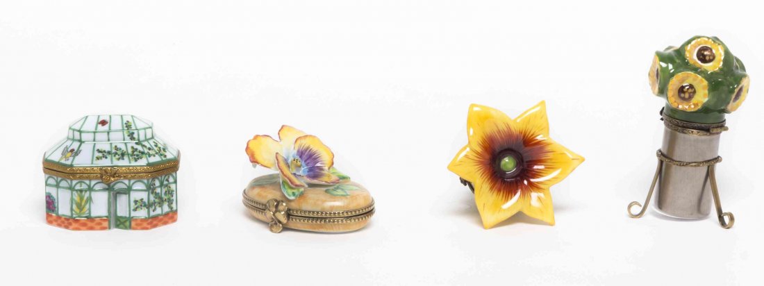 Four Limoges Porcelain Boxes, Height of tallest 3: Four Limoges Porcelain Boxes, comprising three of floral form and a green house, each marked. Height of tallest 3 inches. Property from the Estate of Louis M. and Linda M. Byron, Tucson, Arizona