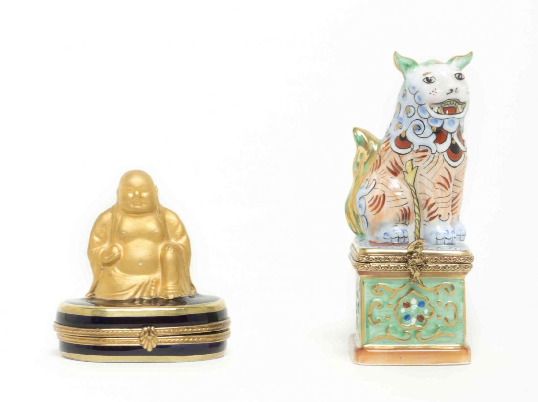 Two Limoges Porcelain Boxes, Height of taller 4 inches.: Two Limoges Porcelain Boxes, comprising one fu dog and one buddha, each marked. Height of taller 4 inches. Property from the Estate of Louis M. and Linda M. Byron, Tucson, Arizona