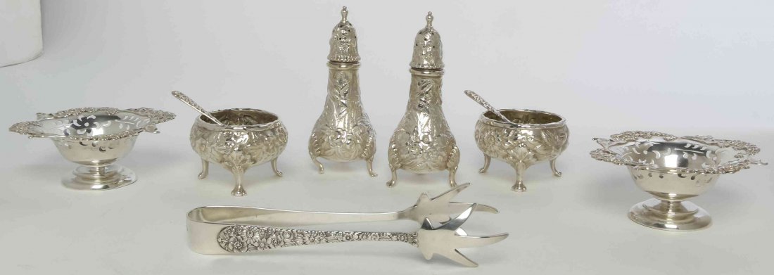 A Collection of American Silver Articles, Length of: A Collection of American Silver Articles, comprising a diminutive pair of pierced compotes by International, a pair of salt cellars with salt spoons and pair of casters by S. Kirk & Son, and a pair of