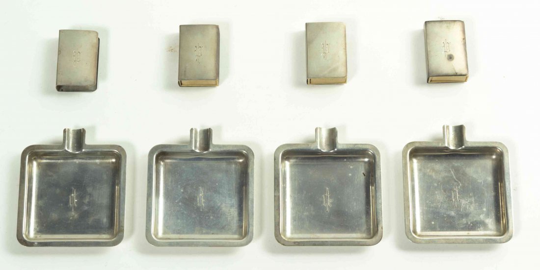 A Group of American Silver Smoking Articles, Mid 20th: A Group of American Silver Smoking Articles, Mid 20th Century, comprising four ash receivers and four match book safes, each engraved with initial P, each marked STERLING; 6 ozt 16 dwt. Length of ash
