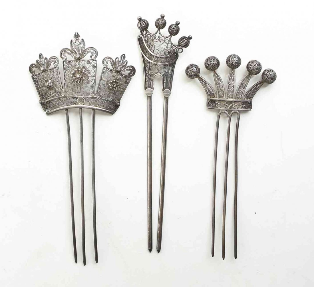 Three Silver Filigree Hair Pins, Late 19th/ Early 20th: Three Silver Filigree Hair Pins, Late 19th/ Early 20th Century, all with tops formed as coronets. Length of longest 5 inches. Property from the Collection of Gertrude Mandelstam Spear, Boston, Massach