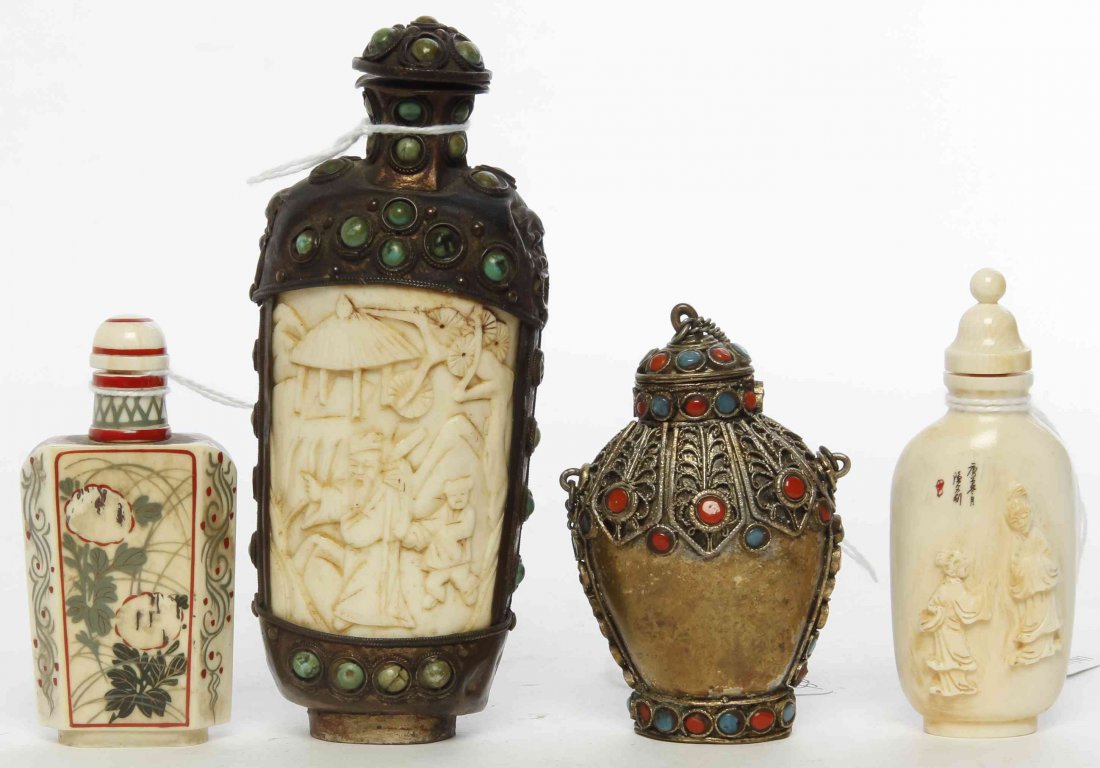 A Group of Four Snuff Bottles, Height of tallest: A Group of Four Snuff Bottles, comprising a Mongolian type brass bottle with hardstone inlay, a carved ivory bottle having landscape decoration and relief carved figures, with calligraphic inscription