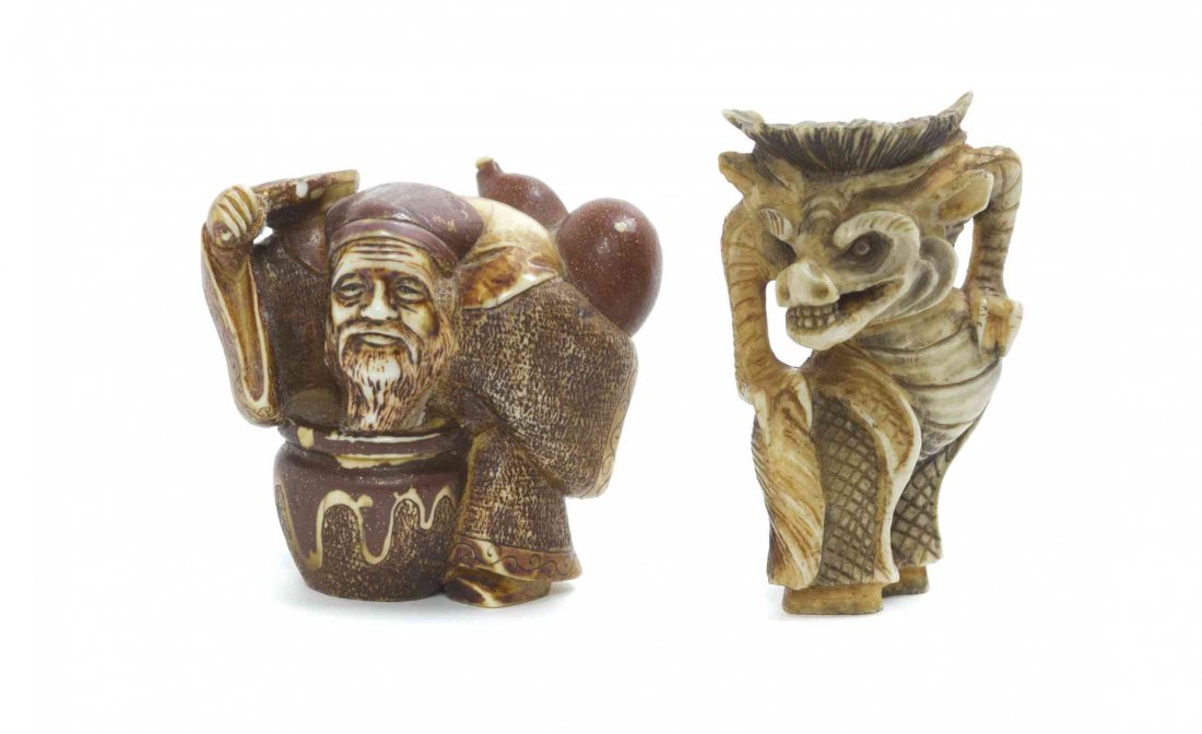 Two Carved and Stained Ivory Netsuke, Width of first 1: Two Carved and Stained Ivory Netsuke, the first depicting an immortal with a double gourd and a fan, the second a kylin, each signed. Width of first 1 3/4 inches. Property from the Collection of Dr. J