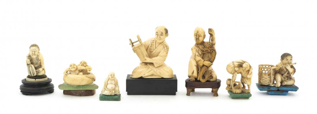 A Group of Seven Japanese Carved Ivory Articles, Height: A Group of Seven Japanese Carved Ivory Articles, each figurally carved, comprising two netsuke and five okimono. Height of tallest 2 inches. Property from the Estate of Benjamin and Louise Pritz, Cinc