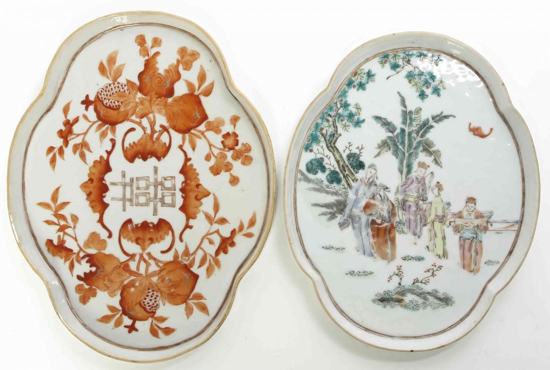 Two Chinese Polychrome Enamel Porcelain Trays, Length 9: Two Chinese Polychrome Enamel Porcelain Trays, each of cartouche form, one with iron glaze depicting bats and foliage, the other depicting figures in a landscape. Length 9 7/8 inches.