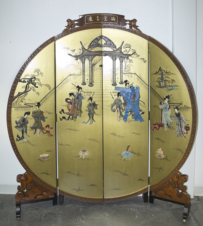 A Chinese Painted and Parcel Gilt Stone and Ivory Inset: A Chinese Painted and Parcel Gilt Stone and Ivory Inset Four Panel Floor Screen, of circular form, having two figures holding a banner finial, over each panel decorated with women in a garden, the who