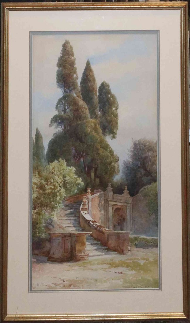 Ettore Roesler Franz, (Italian, 1845-1907), Villa: Ettore Roesler Franz (Italian, 1845-1907) Villa D'Este, Tivoli watercolor signed (lower left) 29 3/4 x 14 3/4 inches. Property from the Almington Collection
