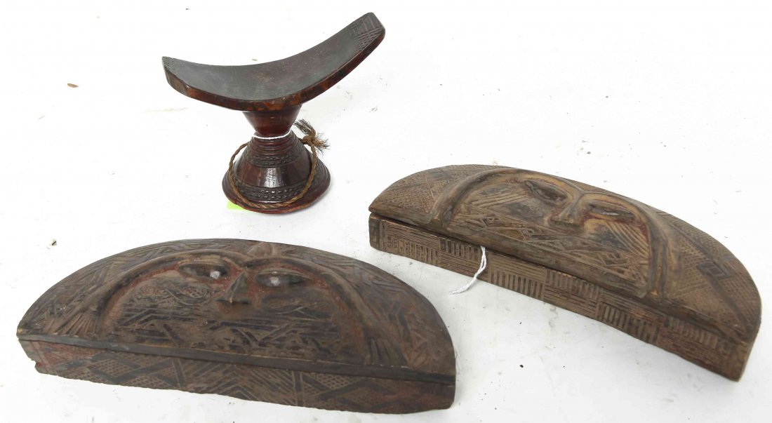 Three African Carved Wood Articles, Length of longest 9: Three African Carved Wood Articles, comprising a Pakot headrest and two Bakuba demilune form boxes. Length of longest 9 1/2 inches. Property from the Collection of Gerald F. Glaeve, Mount Horeb, Wisco