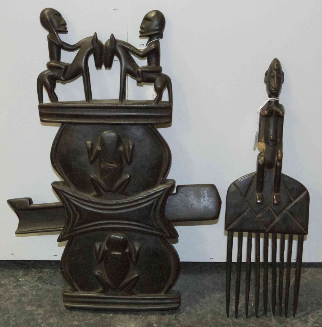 Two Dogon Carved Wood Articles, Height of tallest 18: Two Dogon Carved Wood Articles, comprising a door latch and a comb, each surmounted by figural groups. Height of tallest 18 1/4 inches. Property from the Collection of Gerald F. Glaeve, Mount Horeb, W