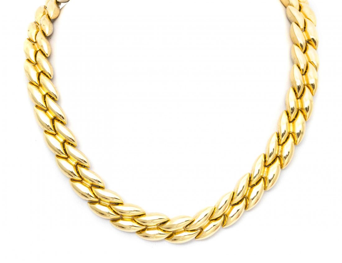 An 18 Karat Gold Link Necklace, Chimento, 52.50 dwts.: An 18 Karat Gold Link Necklace, Chimento, retailed by Sidney Garber, in an alternating white and yellow gold hollowform double row design. Stamp: SG 18KT ITALY MOD.DEP. Accompanied by an additional li