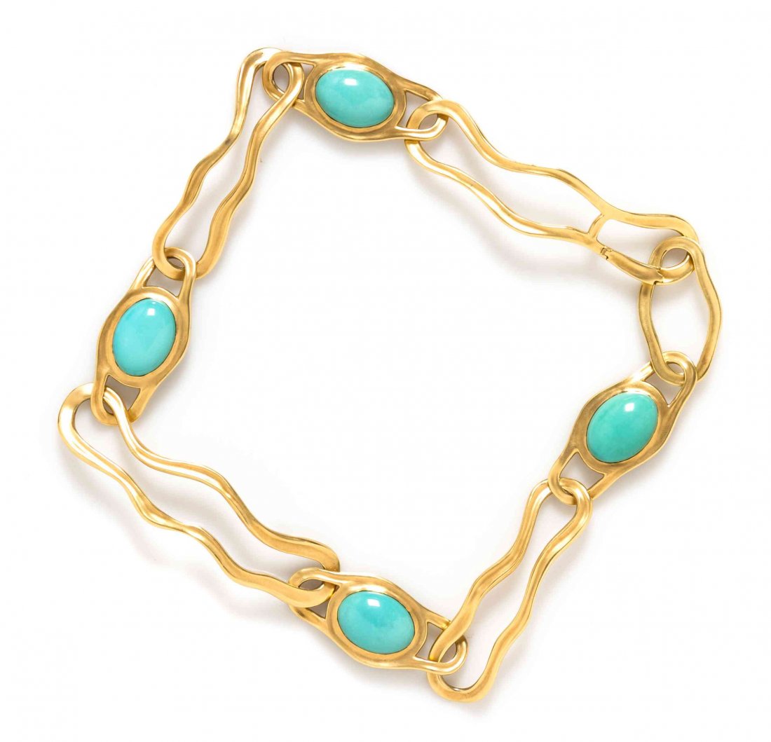 An 18 Karat Yellow Gold and Turquoise Collar Necklace,: An 18 Karat Yellow Gold and Turquoise Collar Necklace, Angela Cummings for Tiffany & Co., Circa 1982, consisting of four oval form links containing oval cabochon cut turquoise measuring approximately 