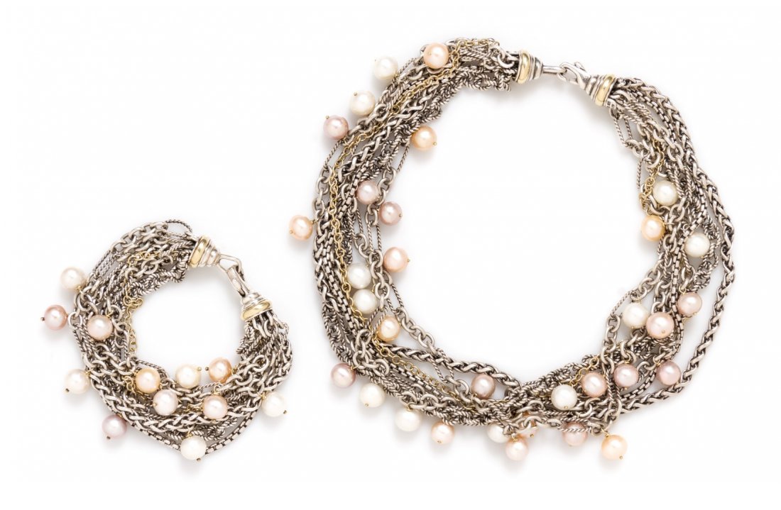 A Collection of Sterling Silver, 18 Karat Yellow Gold: A Collection of Sterling Silver, 18 Karat Yellow Gold and Cultured Pearl Jewelry, David Yurman, consisting of a multi strand necklace and matching bracelet set, each containing numerous styles of silv
