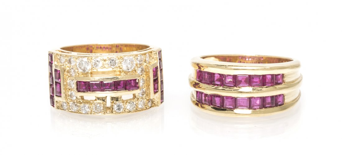 A Collection of 14 Karat Yellow Gold and Ruby Rings,: A Collection of 14 Karat Yellow Gold and Ruby Rings, consisting of a pierced geometric pattern 14 karat yellow gold band containing 22 round brilliant cut diamonds weighing approximately 0.70 carat to