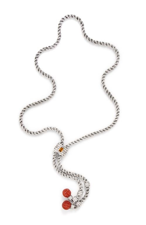 A Sterling Silver, Carnelian and Citrine Lariat: A Sterling Silver, Carnelian and Citrine Lariat Necklace, Judith Ripka, consisting of a fancy link chain with two carved melon form carnelian finials with a silver slide containing one rectangular ste