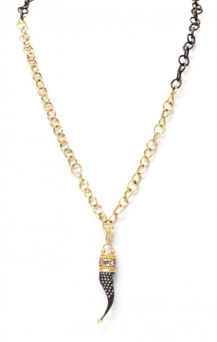 An 18 Karat Yellow Gold, Oxidized Silver, Moonstone and: An 18 Karat Yellow Gold, Oxidized Silver, Moonstone and Diamond Old World Pendant and Chain, Armenta, consisting of an Italian horn motif pendant composed of oxidized silver and yellow gold, containin