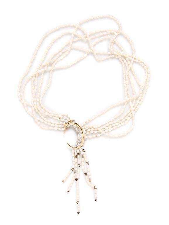 A 14 Karat Yellow Gold, Sterling Silver, Diamond and: A 14 Karat Yellow Gold, Sterling Silver, Diamond and Freshwater Pearl " Noncturne" Necklace/Brooch, Erte, consisting of a multi strand freshwater pearl necklace with removable crescent shaped brooch w