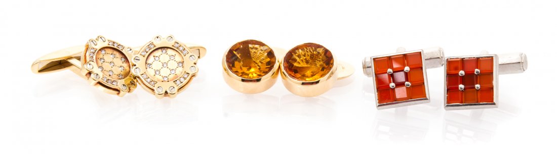 A Collection of 18 Karat Gold and Multi Gem Cufflinks,: A Collection of 18 Karat Gold and Multi Gem Cufflinks, consisting of a pair of yellow gold cufflinks containing 42 single cut diamonds weighing approximately 0.42 carat total by Chopard, a pair of yel