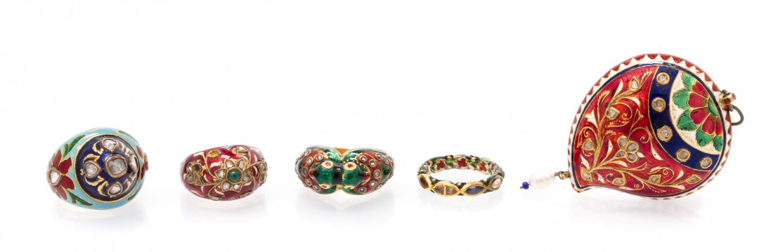 A Collection of Mughal Style Jewelry, 46.70 dwts.: A Collection of Mughal Style Jewelry, consisting of a pendant and three rings, all containing lasque cut diamonds and accented with polychrome enamel in foliate motifs, together with a band accented w