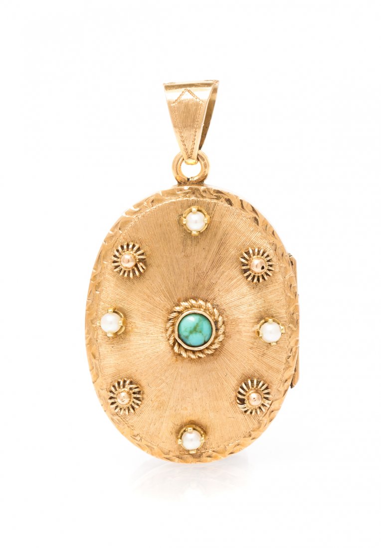 A 14 Karat Yellow Gold, Seed Pearl and Turquoise: A 14 Karat Yellow Gold, Seed Pearl and Turquoise Locket, of oval form with engraved details and a Florentine finish, measuring approximately 31.00 x 24.00 mm excluding bail and containing one round ca