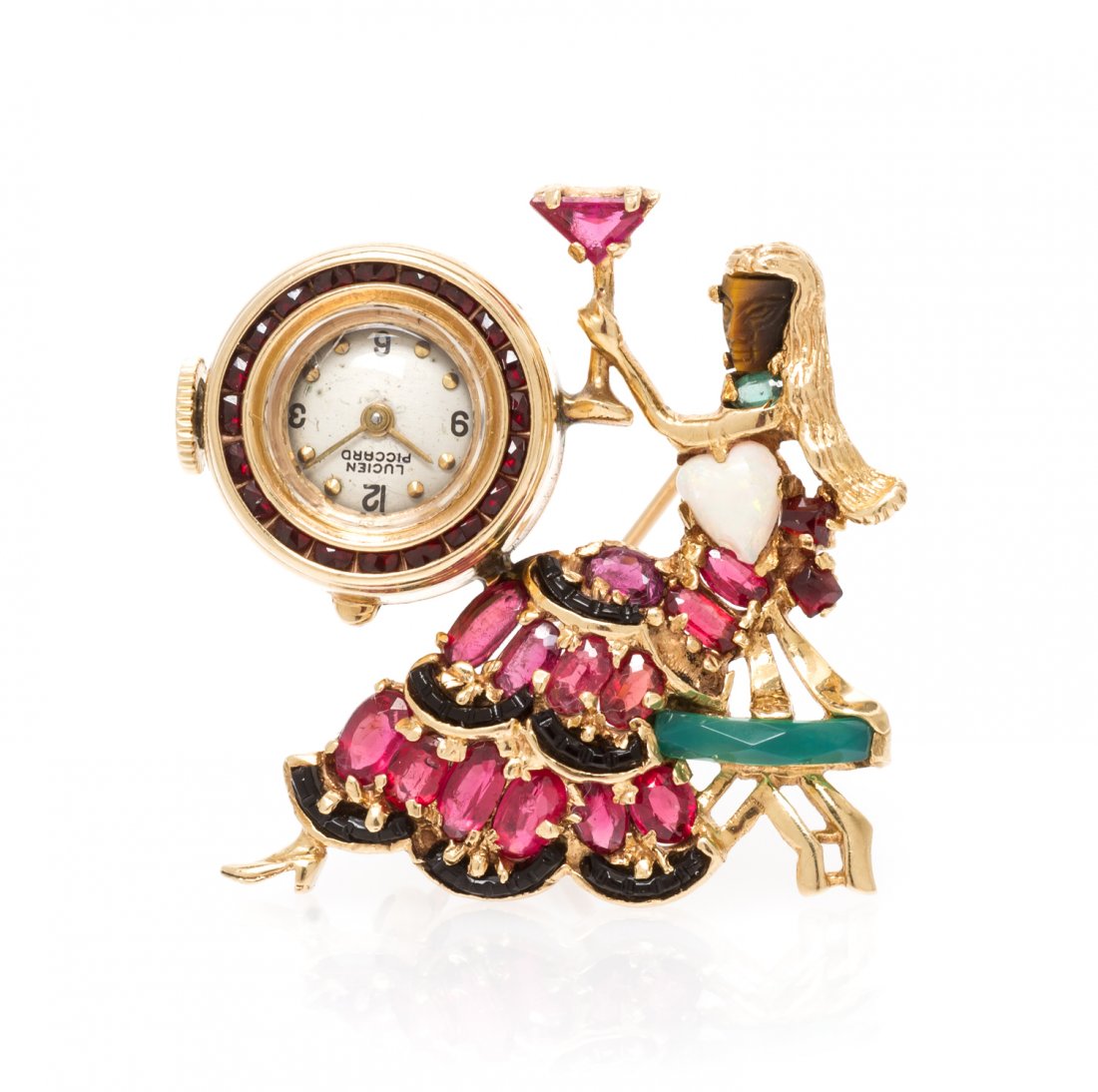A 14 Karat Yellow Gold and Multi Gem Watch Brooch,: A 14 Karat Yellow Gold and Multi Gem Watch Brooch, Lucien Piccard, depicting a seated lady, consisting of a carved tiger's eye face, one heart shape cabochon cut opal, a carved dyed green chalcedony p