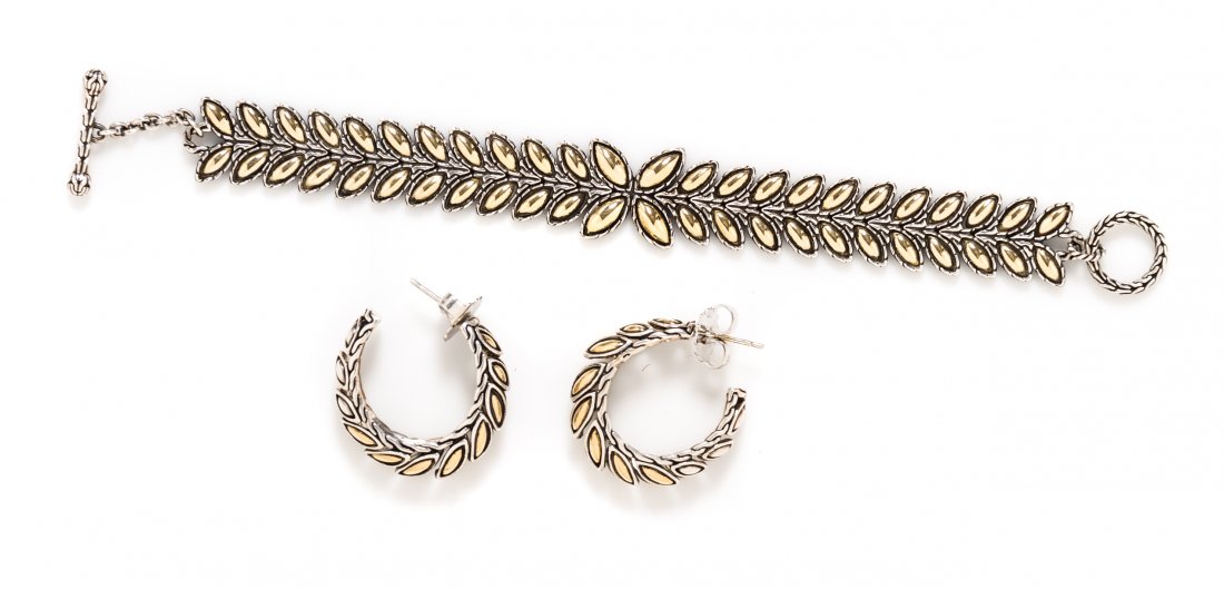 A Collection of Sterling Silver and 18 Karat Yellow: A Collection of Sterling Silver and 18 Karat Yellow Gold Kawung Jewelry, John Hardy, consisting of an articulated stylized leaf motif bracelet with yellow gold applied centers, together with a matchin