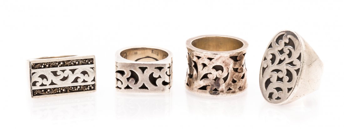 A Collection of Sterling Silver Rings, Lois Hill, 35.00: A Collection of Sterling Silver Rings, Lois Hill, consisting of four rings of various styles with arabesque designs. Stamp: 925 Lois Hill INDONESIA. 35.00 dwts.