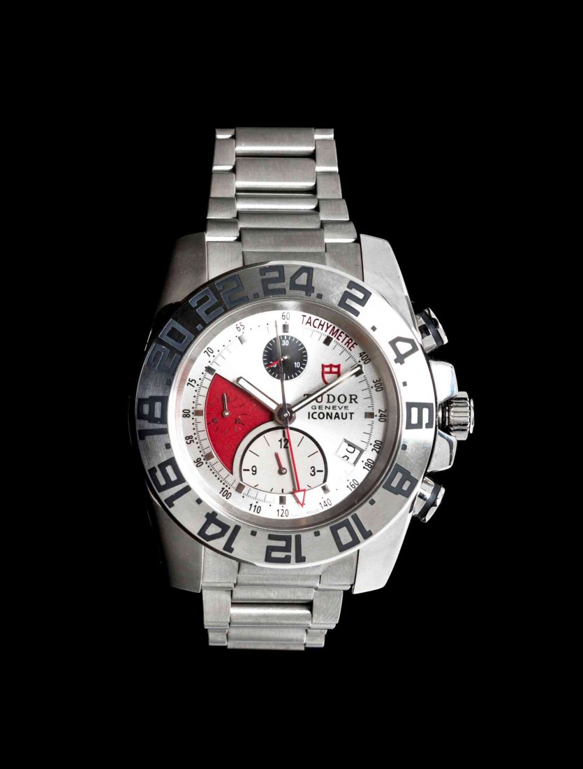 A Stainless Steel Ref. 20400 Iconaut GMT Chronograph: A Stainless Steel Ref. 20400 Iconaut GMT Chronograph Wristwatch, Tudor, 43.00 mm case diameter, radially brushed silvered dial signed TUDOR ICONAUT, applied silvered block numerals with outer tachomet