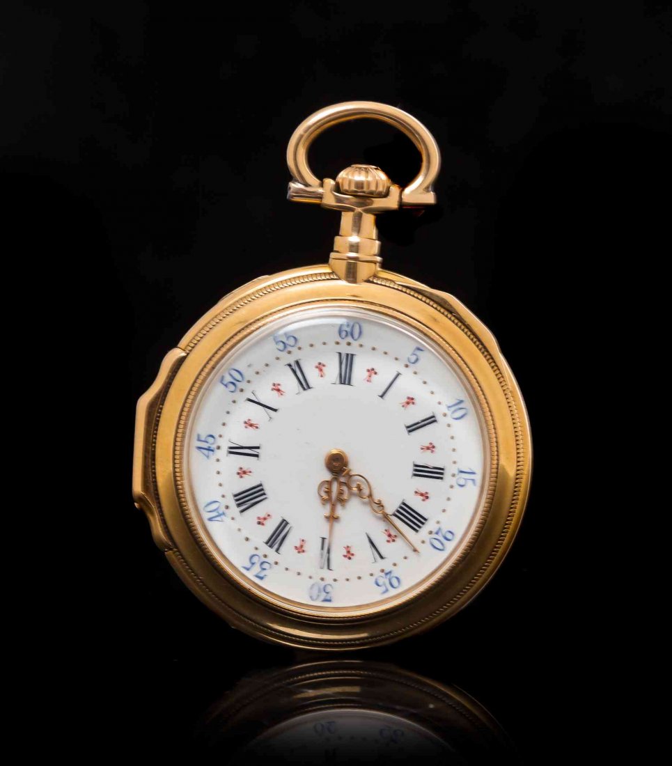 An 18 Karat Rose Gold Pocket Watch, Tiffany & Co.,: An 18 Karat Rose Gold Pocket Watch, Tiffany & Co., 37.00 mm case diameter, white dial, Roman numerals with outer chapter ring in blue Arabic calibrated to 60 minutes, gilt Louis XV hands, fluted and m