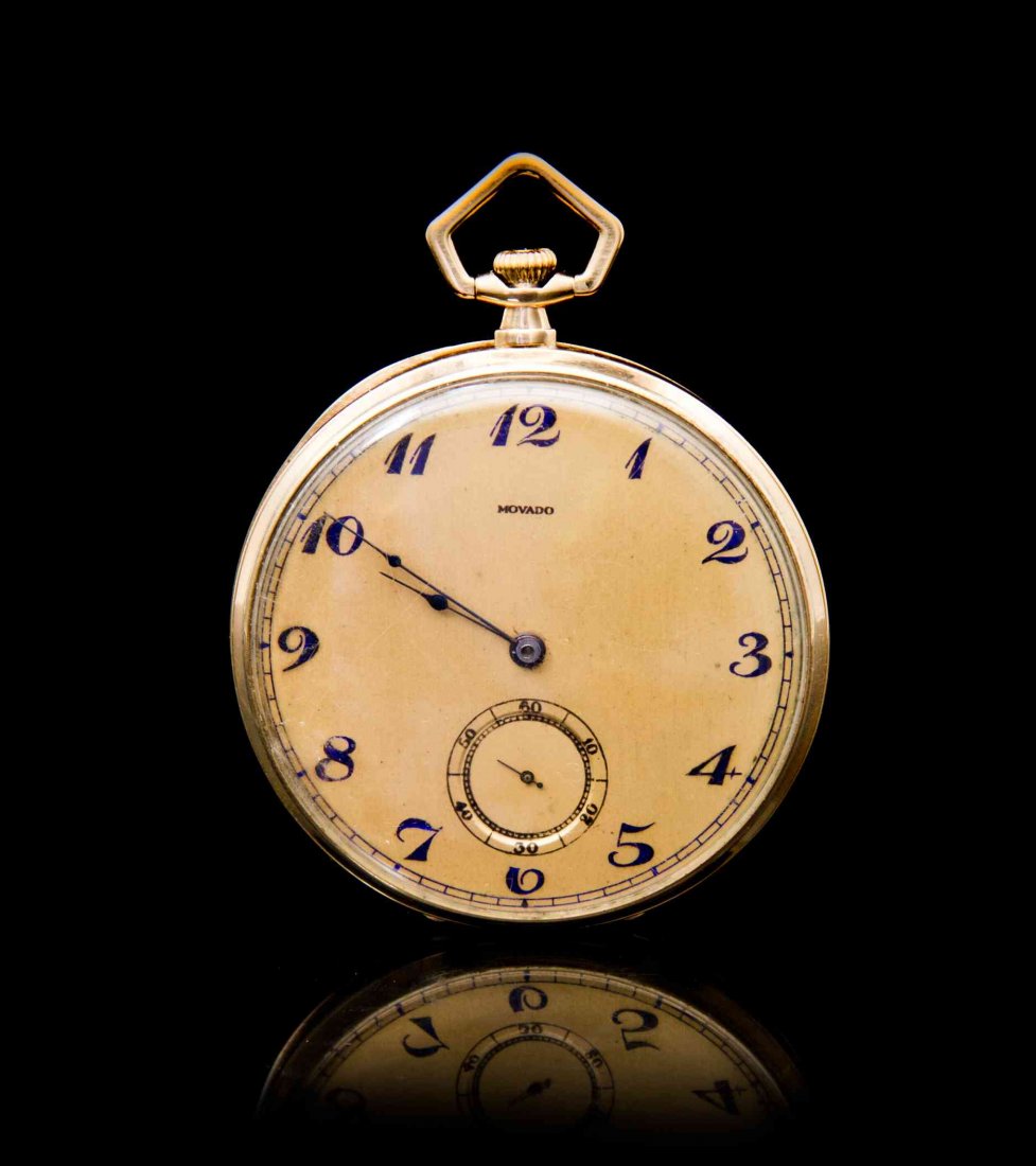 A 14 Karat Yellow Gold Pocket Watch, Movado, 36.20: A 14 Karat Yellow Gold Pocket Watch, Movado, 45.00 mm case diameter, matte gold dial signed MOVADO, blue Arabic numerals, blued steel spade hands, subdial for seconds at 6 o'clock, 17 jewel manual win