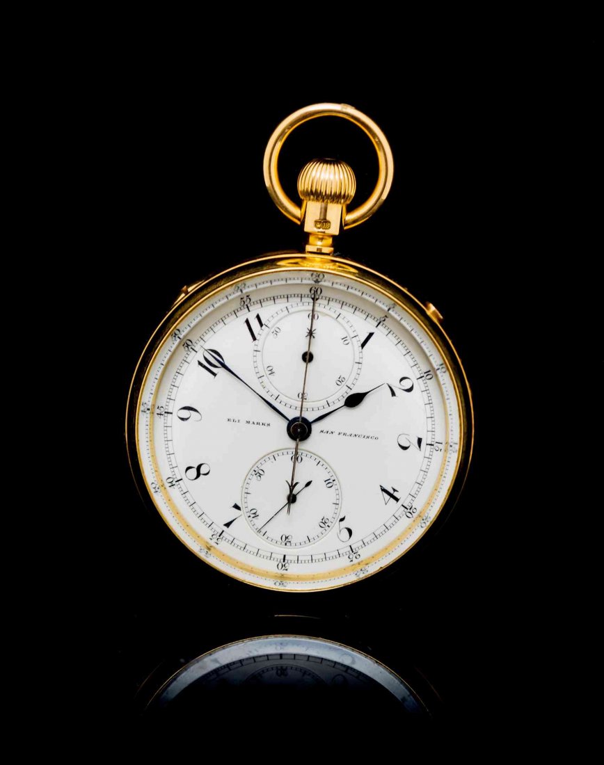 An 18 Karat Yellow Gold and Polychrome Enamel Open Face: An 18 Karat Yellow Gold and Polychrome Enamel Open Face Split Seconds Chronograph Pocket Watch, Eli Marks, Circa 1878, 50.00 mm case diameter, white porcelain dial signed ELI MARKS SAN FRANCISCO, pain