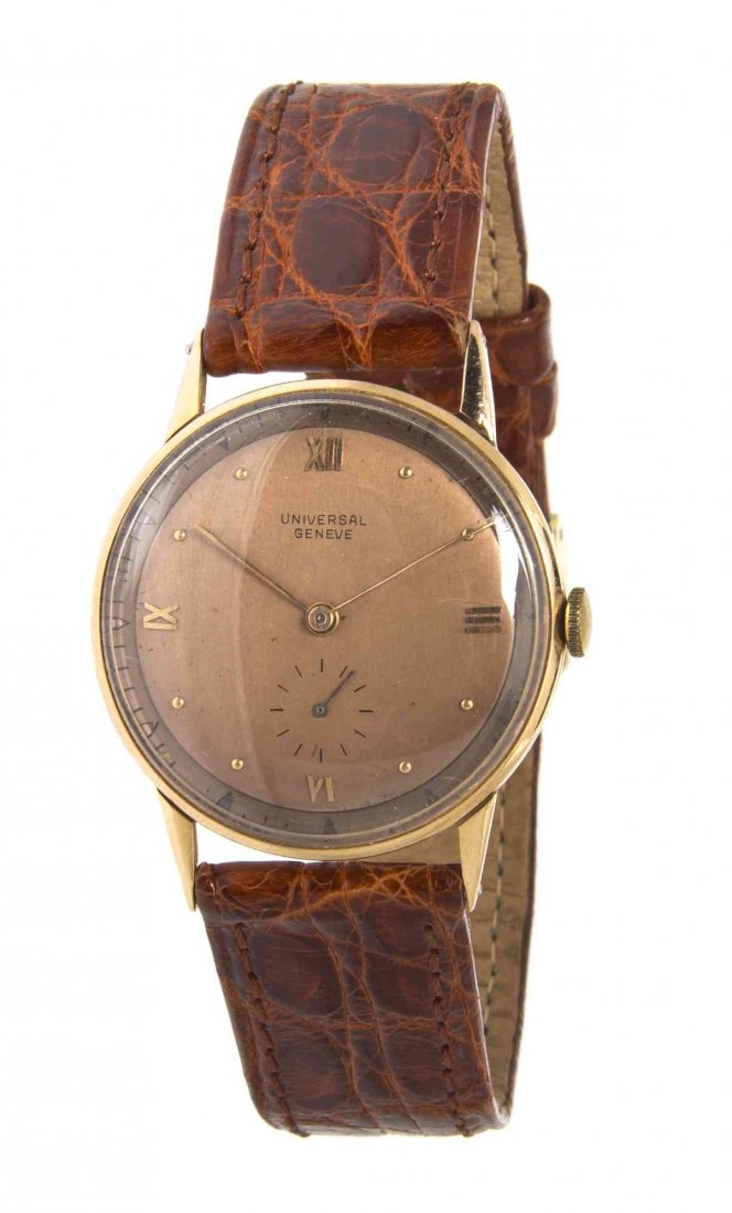An 18 Karat Yellow Gold Wristwatch, Universal Geneve,: An 18 Karat Yellow Gold Wristwatch, Universal Geneve, Circa 1946, Ref. 109203, 32.50 mm case diameter, matte rose dial, applied gilt Roman and dot numerals, gilt baton hands, subdial for seconds at 6 
