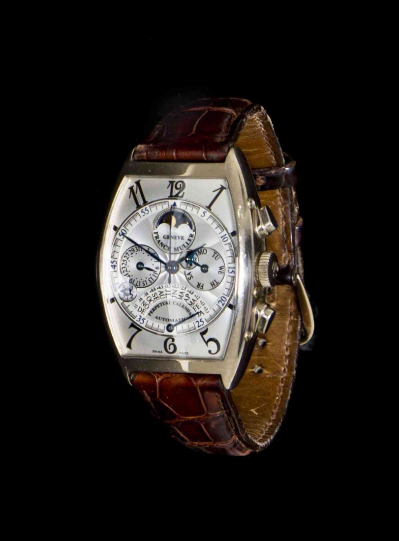 An 18 Karat White Gold Retrograde Perpetual Calendar: An 18 Karat White Gold Retrograde Perpetual Calendar Wristwatch, Franck Muller, Ref. 6850 QPE, 47.00 x 33.00 mm case dimensions inclusive of lugs, silvered guilloche dial, Arabic numerals, blued steel