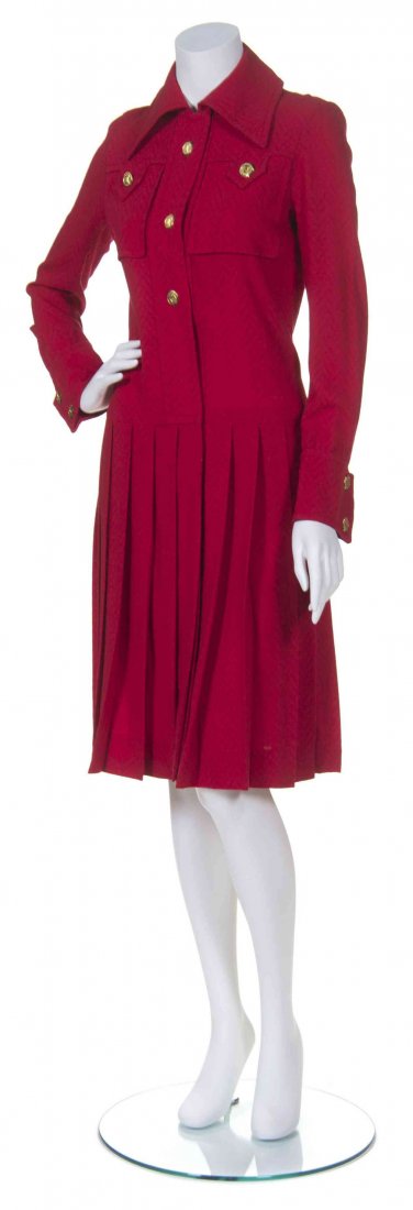 A Ted Lapidus Red Knit Shirtdress,: A Ted Lapidus Red Knit Shirtdress, with goldtone TL logo buttons and pleated skirt. Labeled: Ted Lapidus.