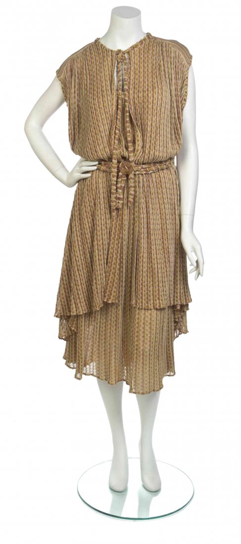 A Missoni Gold Linen Knit Dress Ensemble, Size M.: A Missoni Gold Linen Knit Dress Ensemble, dress with camisole straps and elastic waist, sleeveless vest with single tie neck tie, self belt. Labeled: Missoni. Size M.