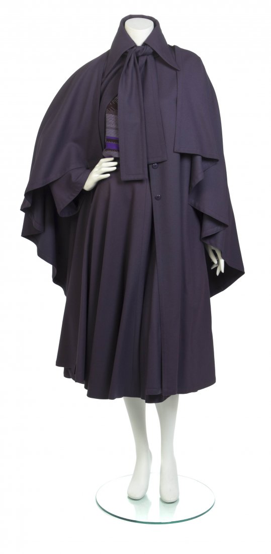 A Chloe Purple Wool Skirt Ensemble, Size 40.: A Chloe Purple Wool Skirt Ensemble, long sleeve multicolor print top, long sleeve button down coat, single button front cape and a full skirt. Labeled: Chloe. Size 40.