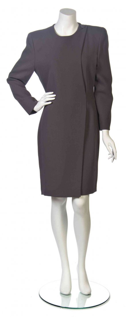 A Giorgio Armani Gray Wool Dress, Size 44.: A Giorgio Armani Gray Wool Dress, long sleeves with a assymetric panel to the front. Labeled: Giorgio Armani. Size 44.