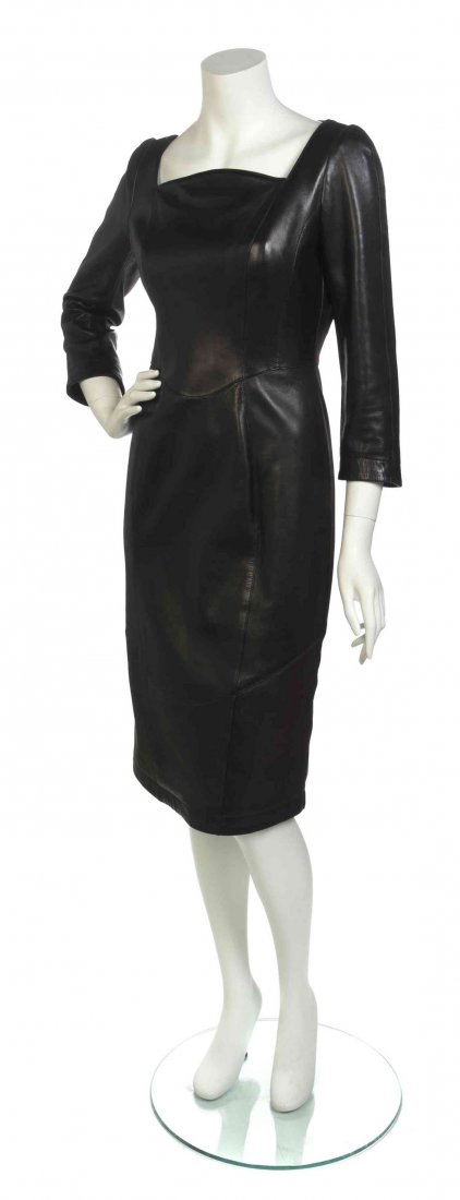 A Thierry Mugler Black Leather Dress, Size 40.: A Thierry Mugler Black Leather Dress, cropped sleeves with a square neckline and fitted curved seam waist. Labeled: Thierry Mugler. Size 40.