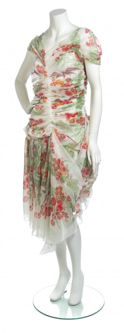 A Comme des Garcons Flower Print Dress, Size M.: A Comme des Garcons Flower Print Dress, Spring/Summer 2006, cap sleeves with a V-neckline and a center ruched bodice with a draped asymmetric hem skirt. Labeled: Comme des Garcons. Size M.