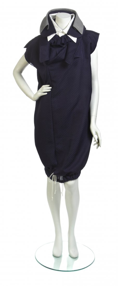 A Comme des Garcons Navy Blue and White Dress, Size M.: A Comme des Garcons Navy Blue and White Dress, cap sleeves with a triple layered shirt collar and a drawstring hem. Labeled: Comme des Garcons. Size M.