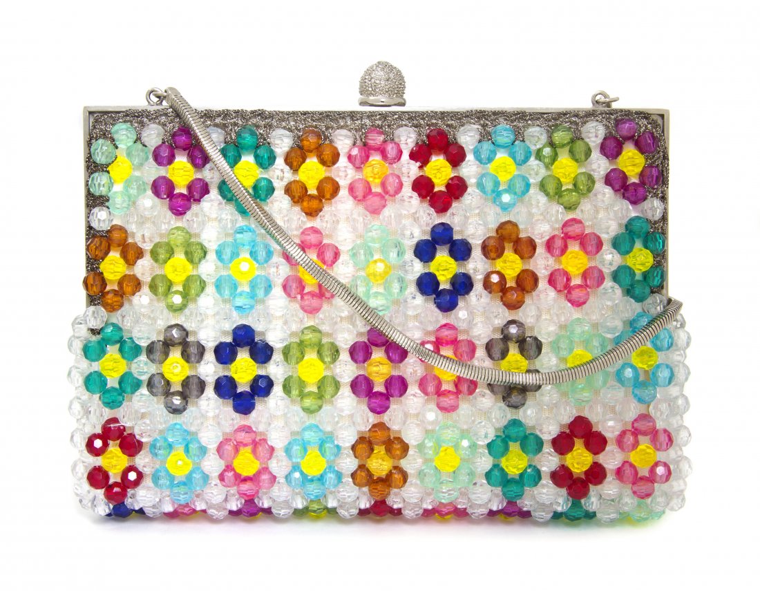 A Rosenfeld Faceted Flower Motif Bead Purse, 8 x 5 1/2: A Rosenfeld Faceted Flower Motif Bead Purse, single chain strap with a metal clasp and embellished ball and socket closure, satin lining with one slip pocket. Stamped: Rosenfeld. 8 x 5 1/2 x 1 1/2 inc