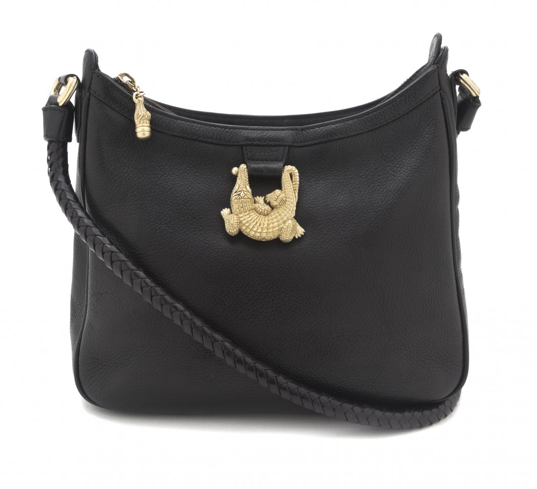A Kieselstien-Cord Black Leather Bag, 10 x 9 x 2 1/4: A Kieselstien-Cord Black Leather Bag, single woven leather shoulder strap, green suede interior, with interior slip and zippered pocket and a goldtone alligator charm. Stamped: Barry Kieselstein-Cord.