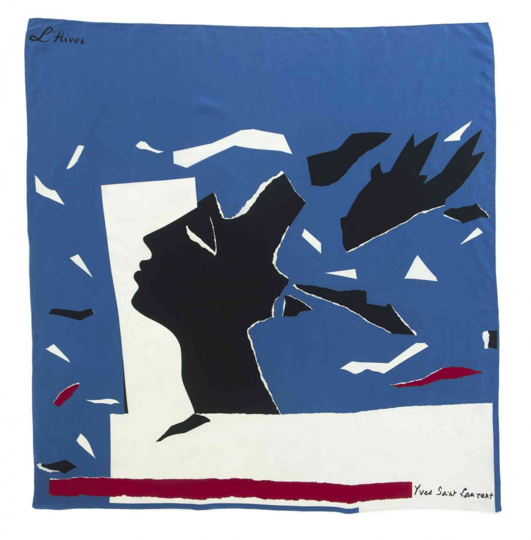 An Yves Saint Laurent Silk Scarf, 34.5 x 34.5 inches.: An Yves Saint Laurent Silk Scarf, in a 'L'hiver' motif. Labeled within print: Yves Saint Laurent. 34.5 x 34.5 inches.