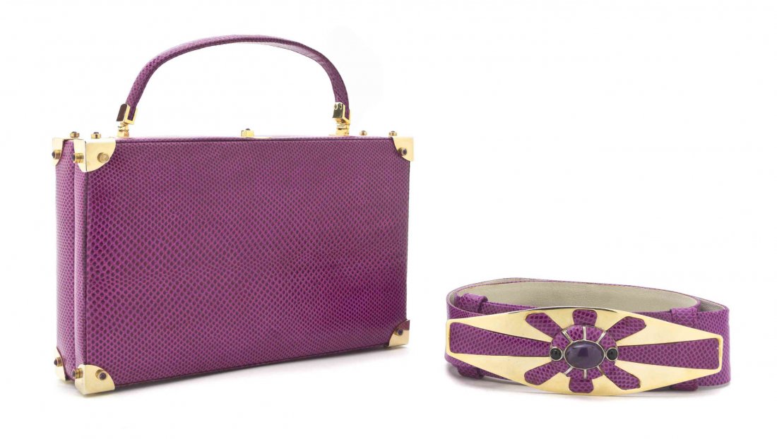 A Judith Leiber Purple Karung Snakeskin Bag and Belt, 8: A Judith Leiber Purple Karung Snakeskin Bag and Belt, comprised of a boxed-shaped bag, together with a matching adjustable strap belt. Stamped Judith Leiber. 8 x 5 x 1 3/4 inches.