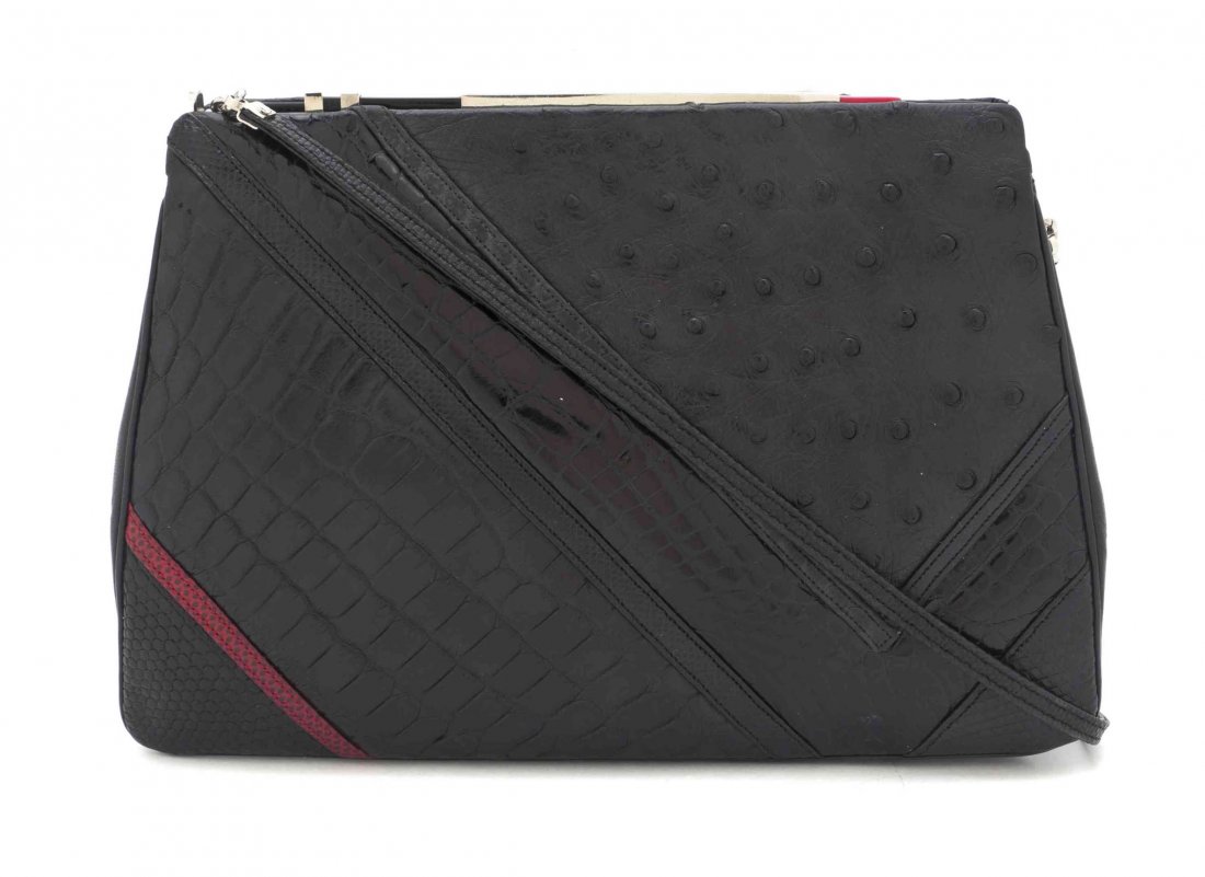 A Judith Leiber Black Multi-Reptile Skin Bag, 8 1/4 x 5: A Judith Leiber Black Multi-Reptile Skin Bag, contrasting Karung snake, matte alligator, shiny alligator and ostrich geometric panels, with a single contrasting red lizardskin strip. Silvertone, black