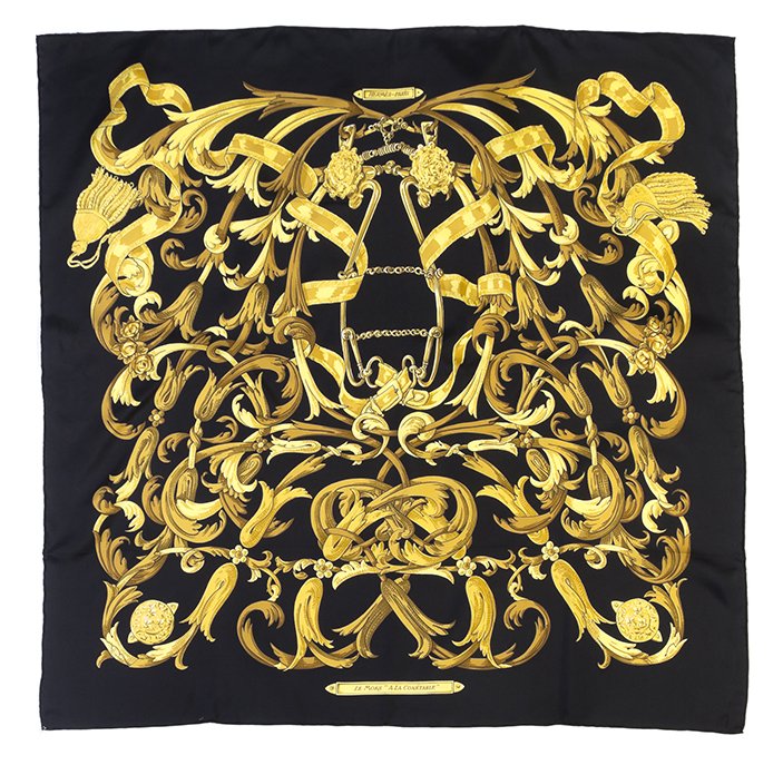 An Hermes Silk Scarf, 35 x 35 inches.: An Hermes Silk Scarf, in a 'Le Mors A La Conetable' motif. Labeled within print: Hermes. 35 x 35 inches. Property from the Estate of Virginia H. Rogers, Chicago, Illinois