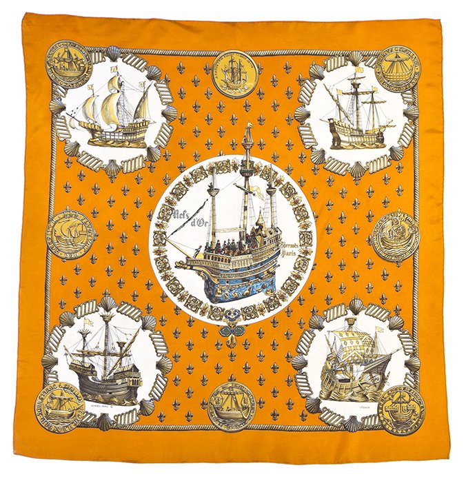 An Hermes Silk Scarf, 34.5 x 34.5 inches.: An Hermes Silk Scarf, in a 'Nefs d'Or' motif. Labeled within print: Hermes. 34.5 x 34.5 inches. Property from the Collection of Mr. and Mrs. Robert Phillips, Chicago, Illinois