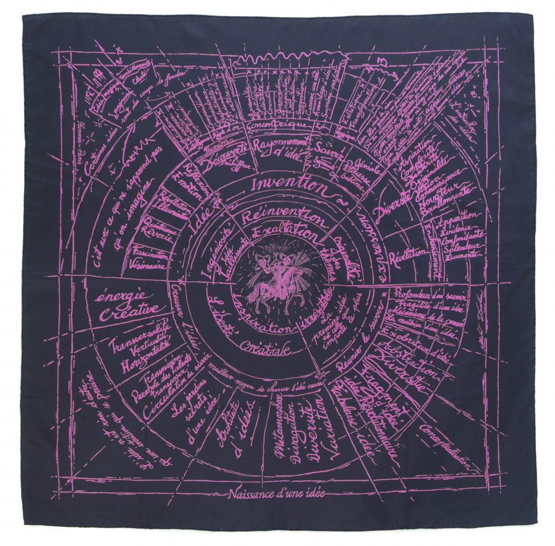 An Hermes Silk Scarf, 34.5 x 34.5 inches.: An Hermes Silk Scarf, in a 'Naissance d'une idee' motif. Labeled within print: Hermes. 34.5 x 34.5 inches. Property from the Collection of Mr. and Mrs. Robert Phillips, Chicago, Illinois